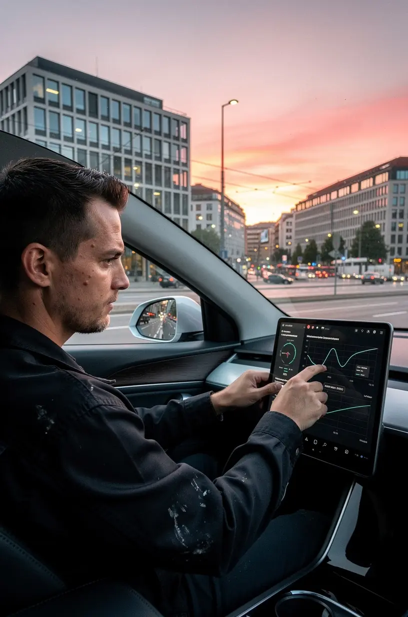 Spezialist für Fahrzeugdiagnose verbindet Laptop mit OBD-Schnittstelle zur Fehlerauslesung.