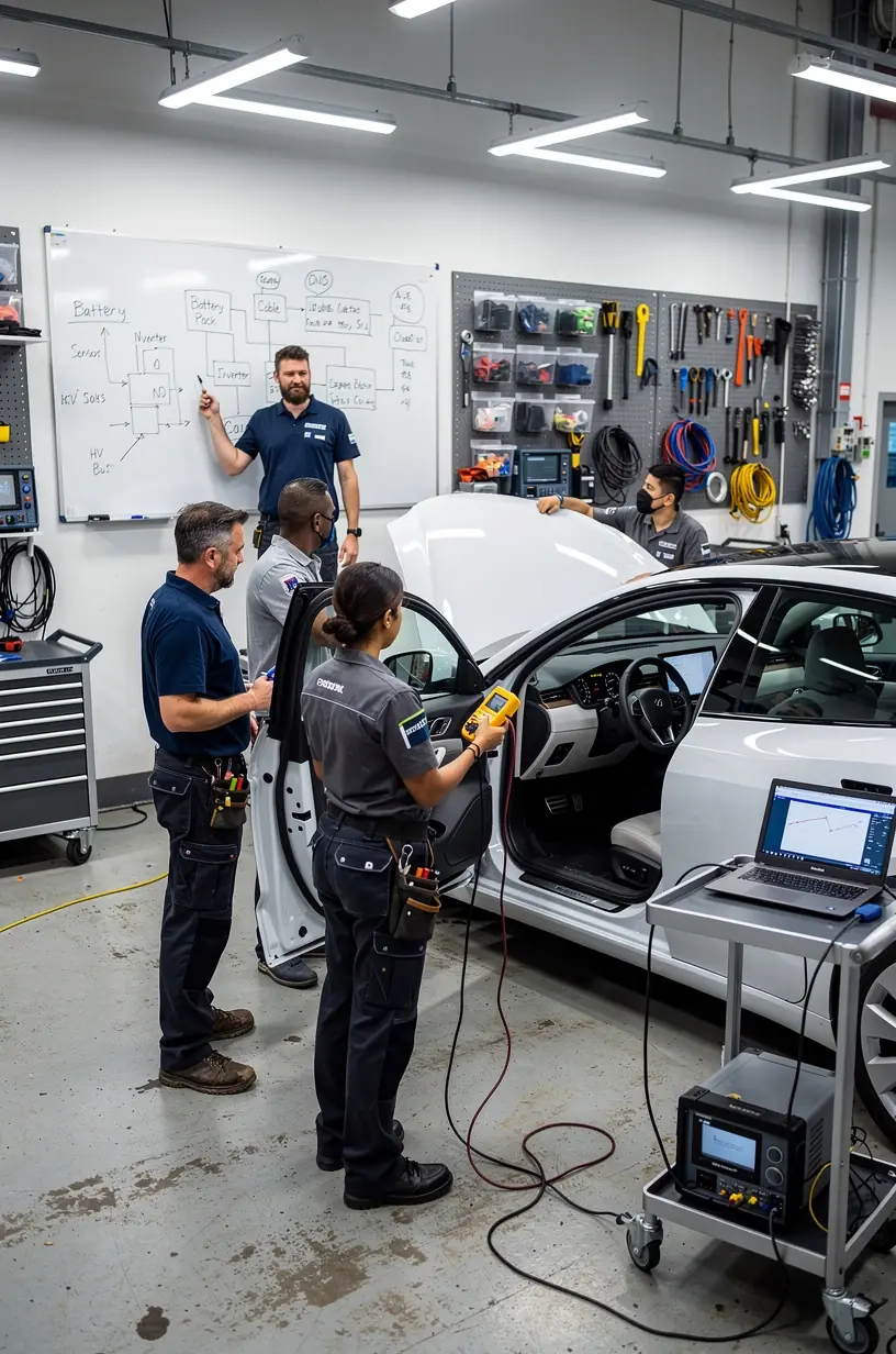 Werkstattmitarbeiter demonstriert Funktion eines komplexen Bordnetzes am Fahrzeugmotor.