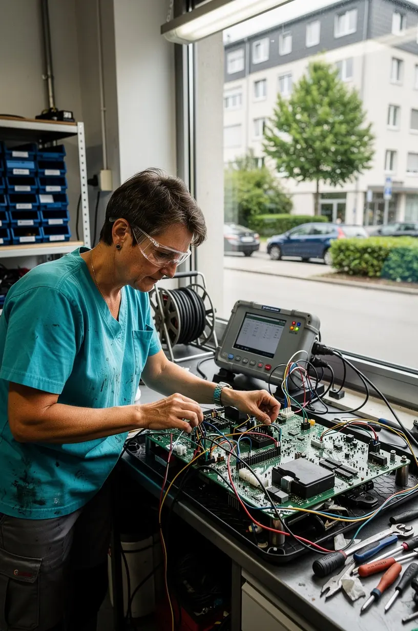 Innenansicht einer modernen Autowerkstatt mit Fokus auf elektronische Reparaturstation.
